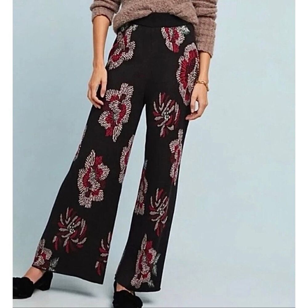 Anthropologie Laia Pants Floral Intarsia Sweater Knit NEW Wide Leg Black Red Sma
